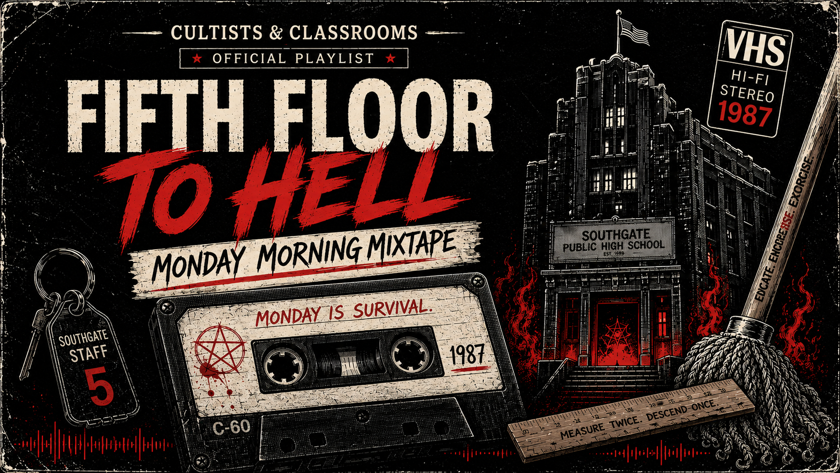 Fifth Floor to Hell Monday Morning Mixtape banner featuring Southgate Public High School, a cassette, staff keys, and school supplies